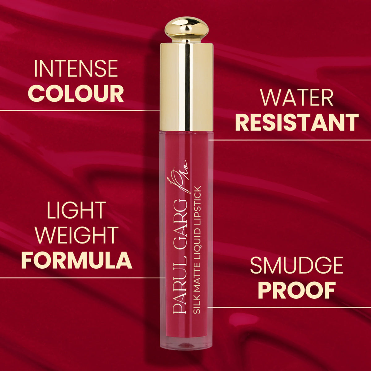 Parul Garg Beauty Silk Matte Liquid Lipstick in Rosella 07, long-lasting transfer-proof formula, applied on lips with a matte finish.