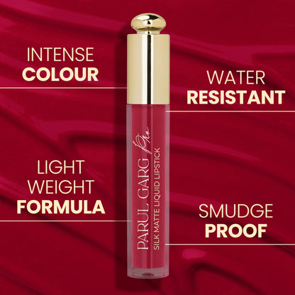 Parul Garg Beauty Silk Matte Liquid Lipstick in Rosella 07, long-lasting transfer-proof formula, applied on lips with a matte finish.