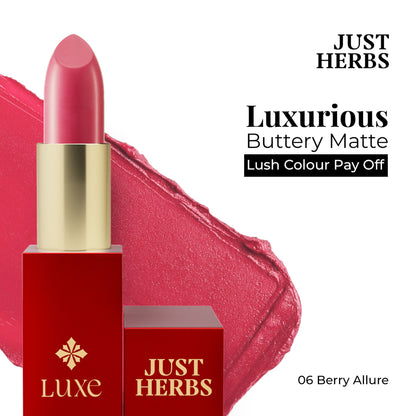Just Herbs Luxe Satin Melt High Shine Lipstick in shade 06 Berry Allure, featuring a smooth, shiny berry-colored lipstick bullet.