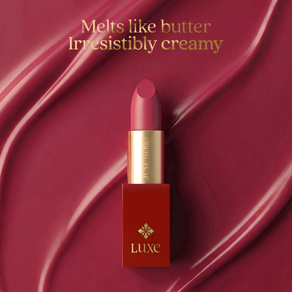 Just Herbs Luxe Satin Melt High Shine Lipstick in shade 03 Whispered Rose, featuring smooth satin finish and vibrant pink color.
