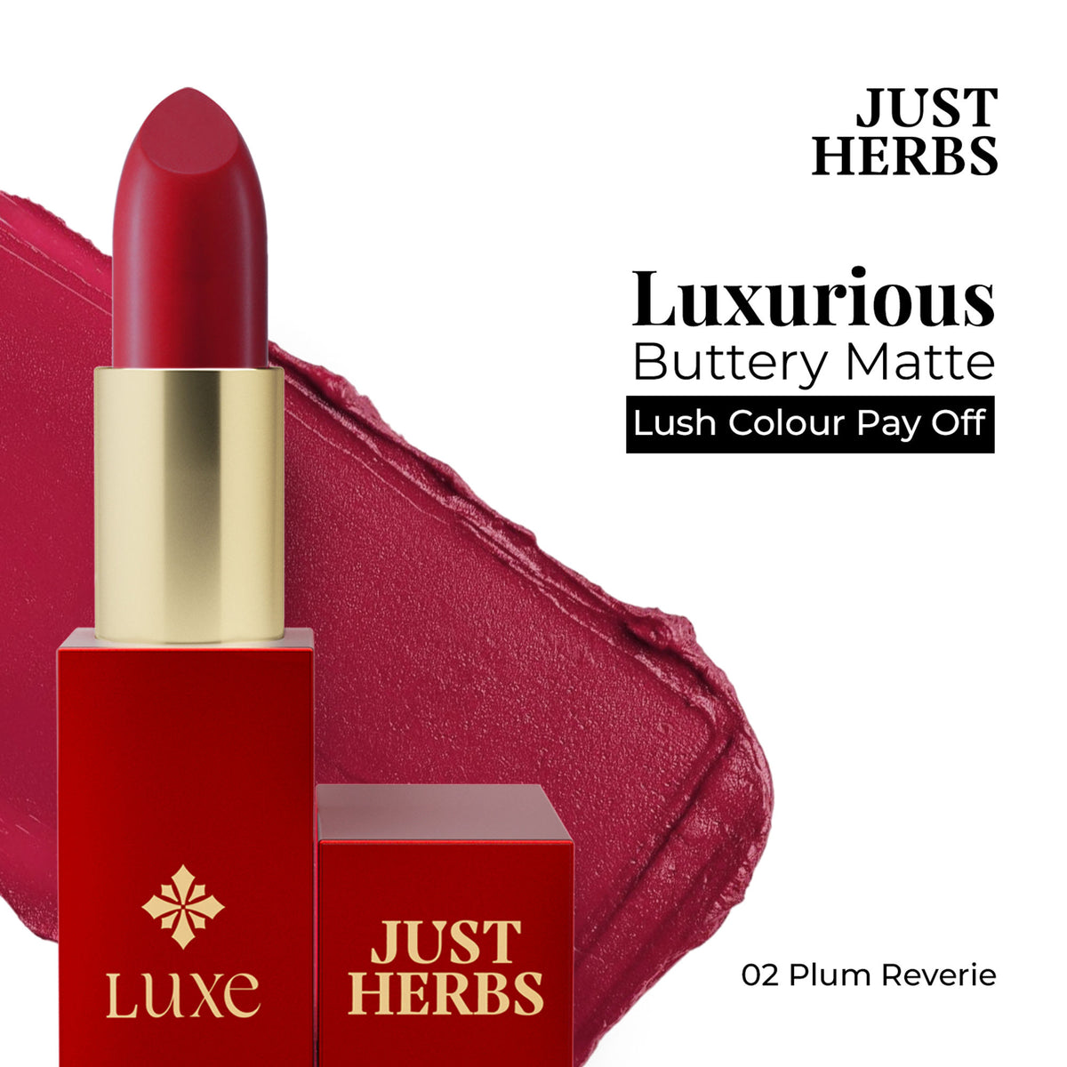 Just Herbs Luxe Satin Melt high-shine lipstick in shade 02 Plum Reverie, showing a smooth, rich plum-colored lipstick bullet.