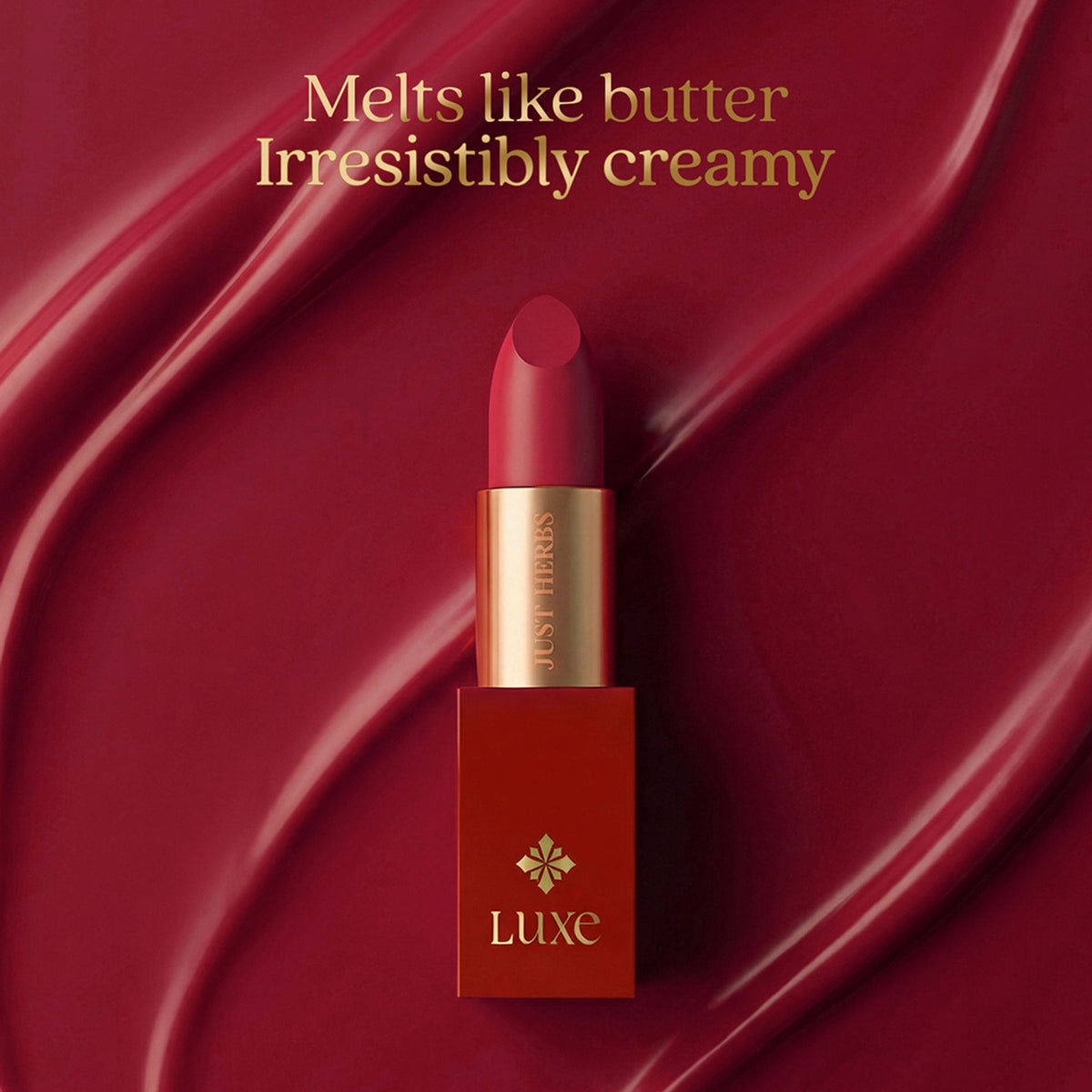 Just Herbs Luxe Satin Melt High Shine Lipstick in shade 02 Plum Reverie, showing a smooth, shiny plum-colored lipstick on a neutral background.