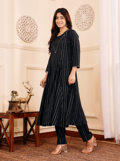 Dhiyona VA Women's Striped Regular Gotta Patti Silk Crepe Kurta with Trouser