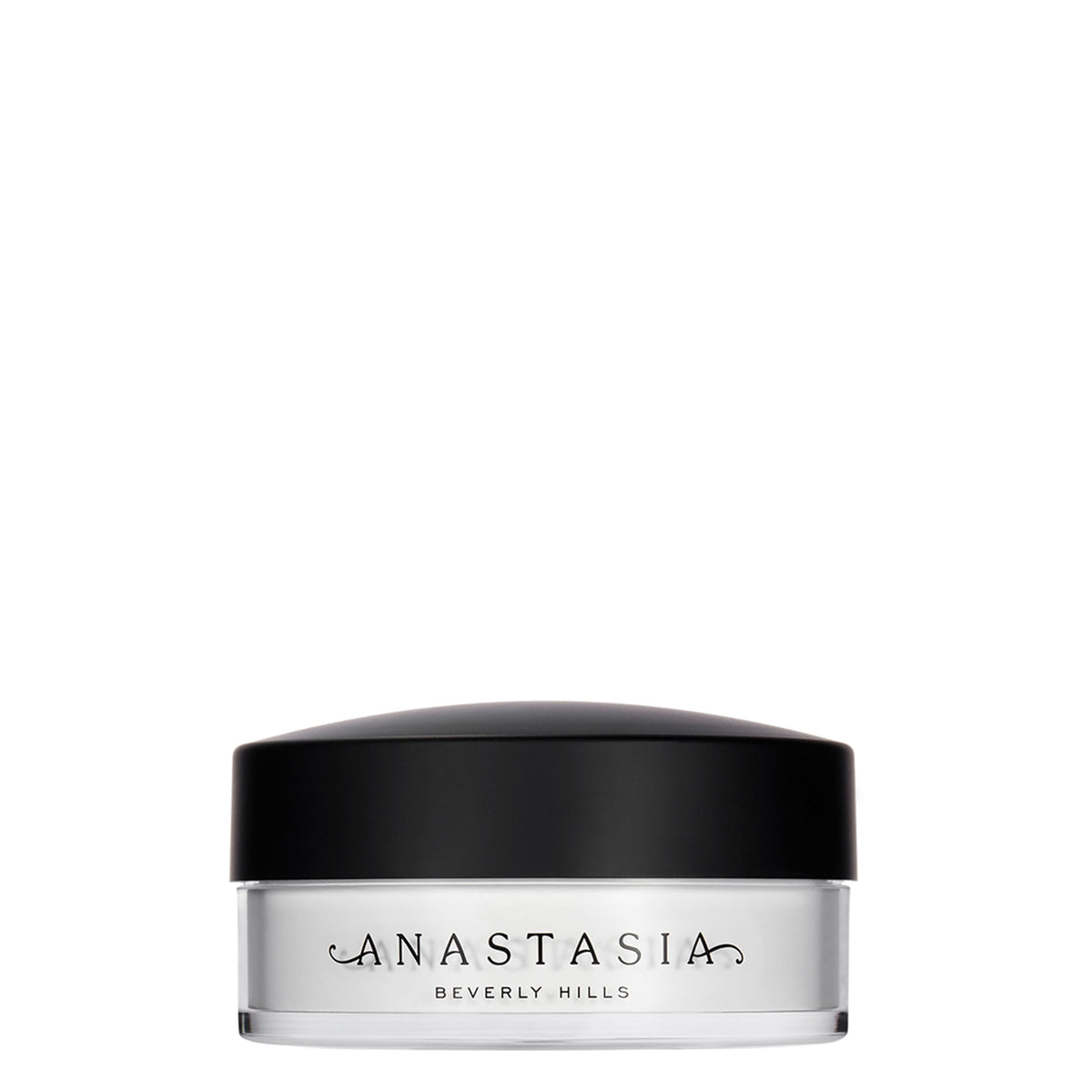 Anastasia Beverly Hills Loose Setting Powder in translucent, loose powder container with a clear lid and product label.