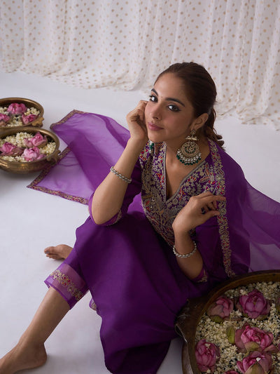 Indyancart IE Floral Embroidered Pleated Zari Liva Anarkali Kurta With Trousers & Dupatta