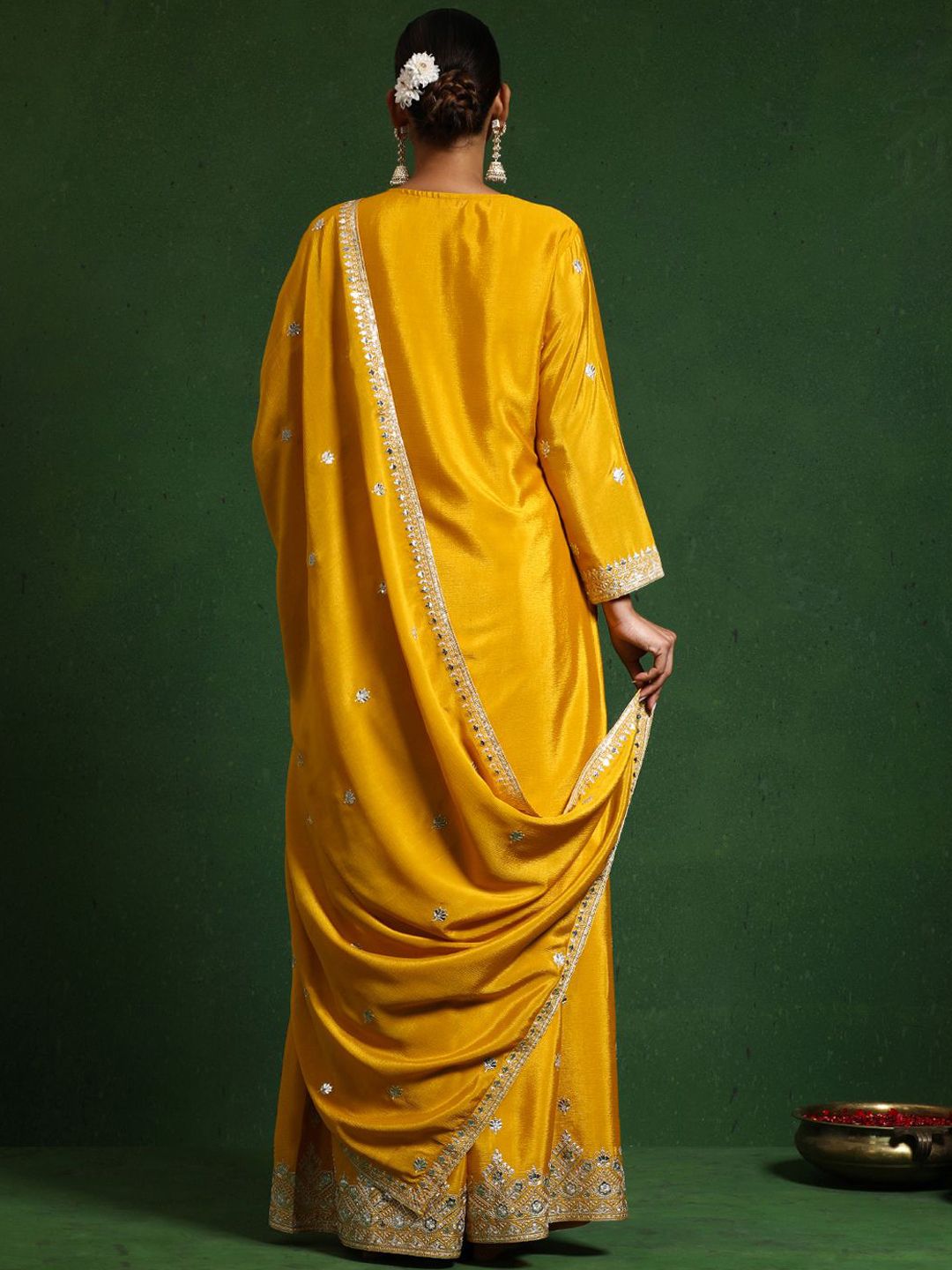 Indyancart VA Floral Embroidered Zari Work Straight Kurta With Palazzos & Dupatta
