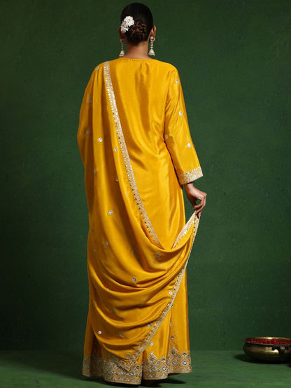 Indyancart VA Floral Embroidered Zari Work Straight Kurta With Palazzos & Dupatta