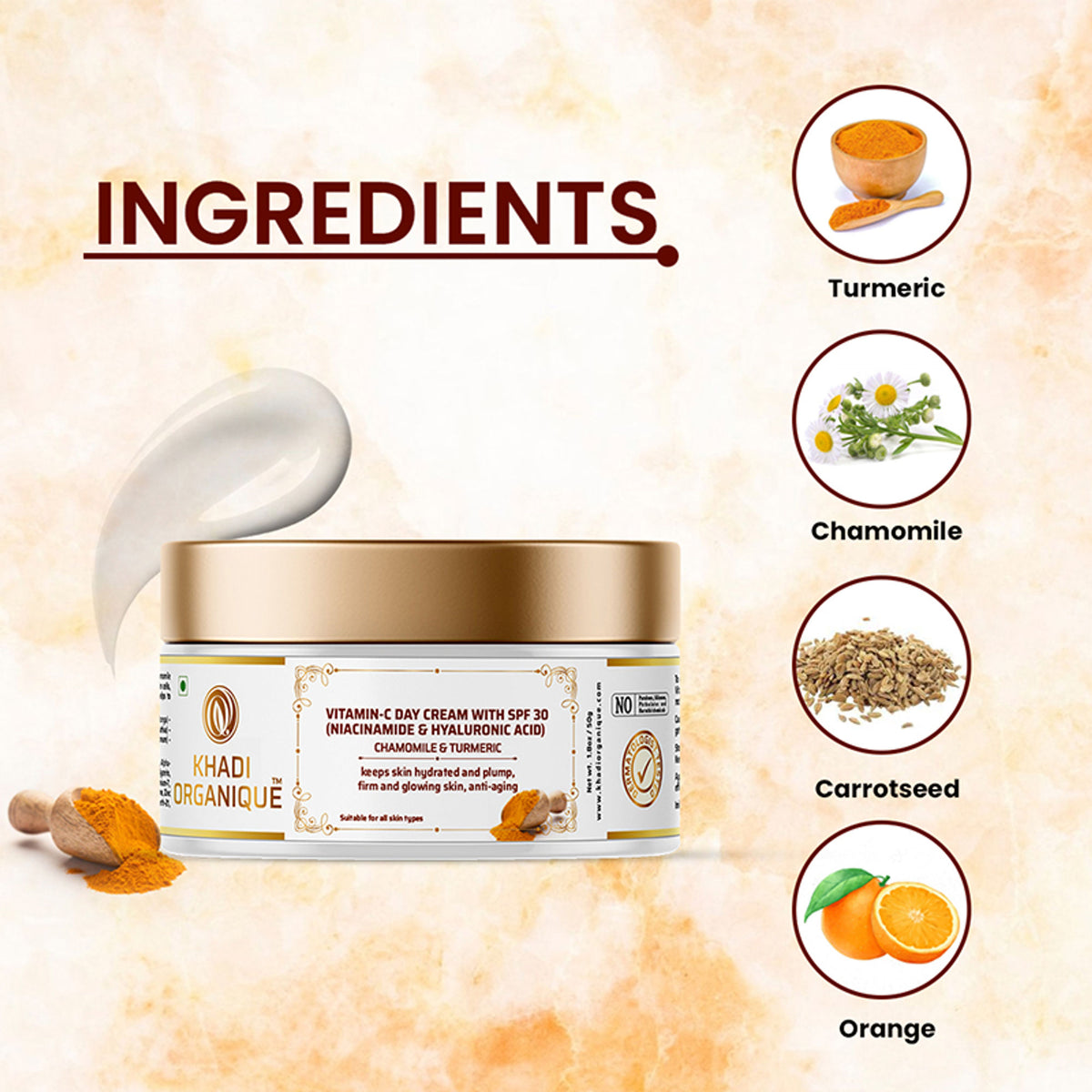 Khadi Organique Vitamin C Day Cream with SPF 30 showing the cream jar and fresh ingredients on a white background.