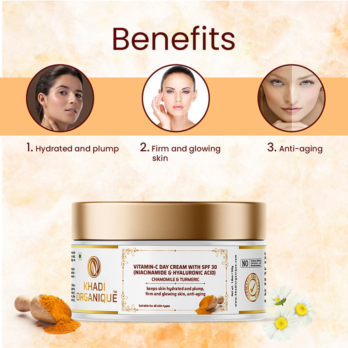 Khadi Organique Vitamin C Day Cream with SPF 30 for oily and dry skin, featuring a creamy texture and natural ingredients.