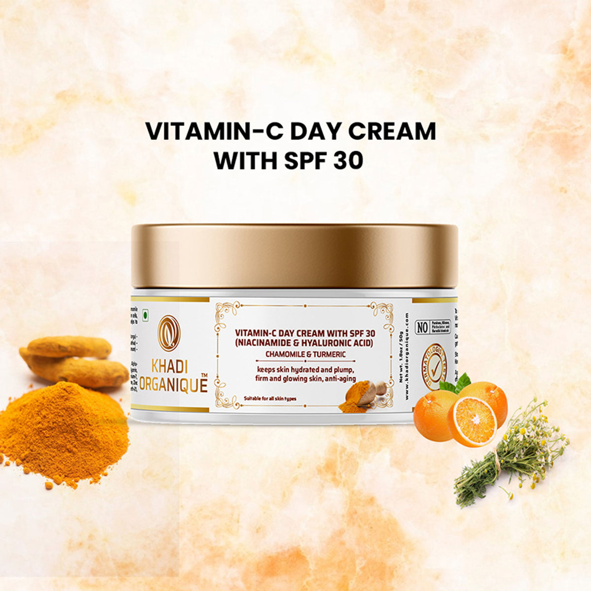 Khadi Organique Vitamin C Day Cream with SPF 30, suitable for oily and dry skin, showing the cream jar with label and lid.
