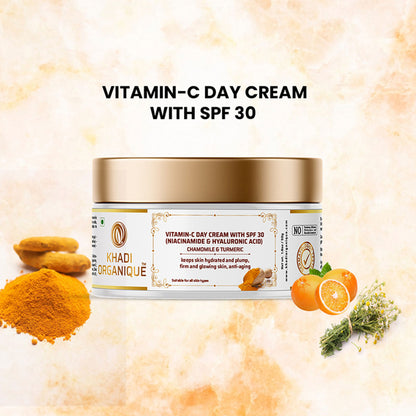Khadi Organique Vitamin C Day Cream with SPF 30, suitable for oily and dry skin, showing the cream jar with label and lid.