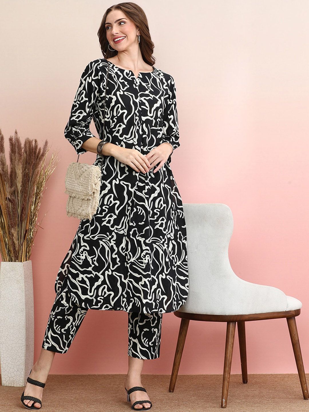 Indyancart IE Black Printed Pure Cotton Tunic With Trousers