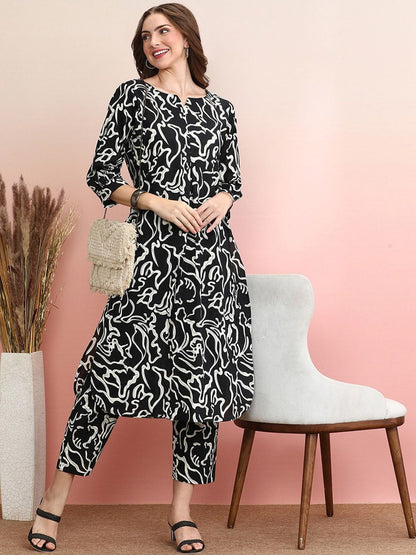 Indyancart IE Black Printed Pure Cotton Tunic With Trousers