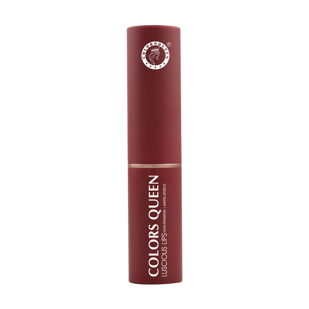 Colors Queen Luscious Lips non-transfer matte lipstick in shade 22 Rich High, shown in a sleek tube with the lipstick partially twisted up.