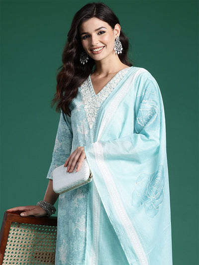 Indyancart IE Floral Printed Thread Work Pure Cotton Kurta With Trousers & Dupatta