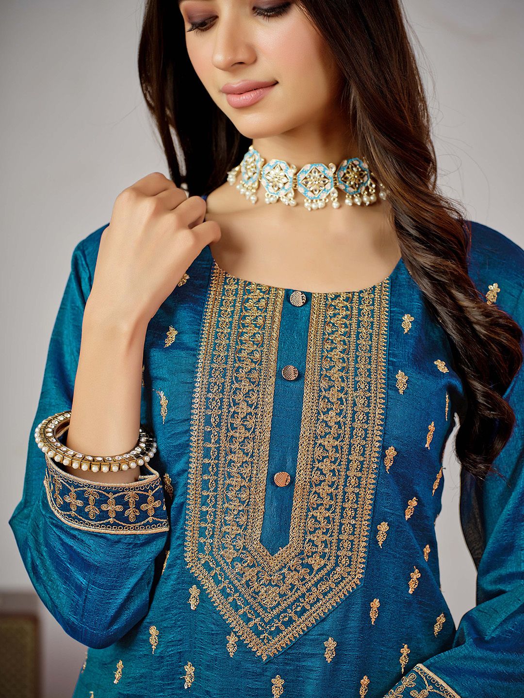 Indyancart SN Women's Blue Ethnic Motifs Embroidered Kurta with Churidar & Dupatta
