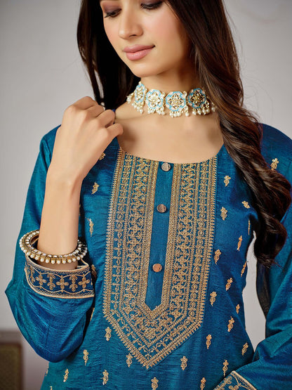 Indyancart SN Women's Blue Ethnic Motifs Embroidered Kurta with Churidar & Dupatta