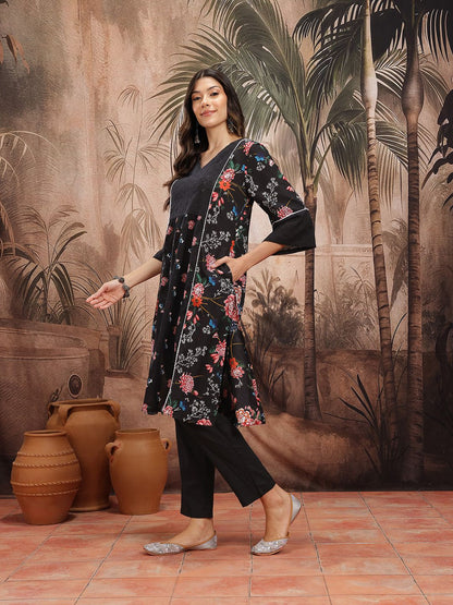 Indyancart SN Women's Floral Print Pleated Schiffli Detail Cotton Kurta with Trousers