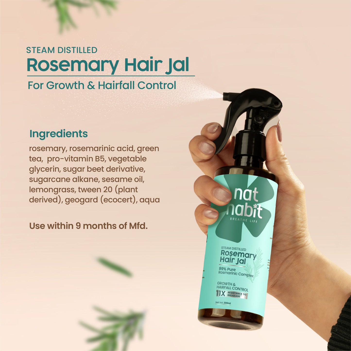 Nat Habit Rosemary Nourishing Hair Jal Spray for Stronger Hair, Frizz Control & Healthy Scalp