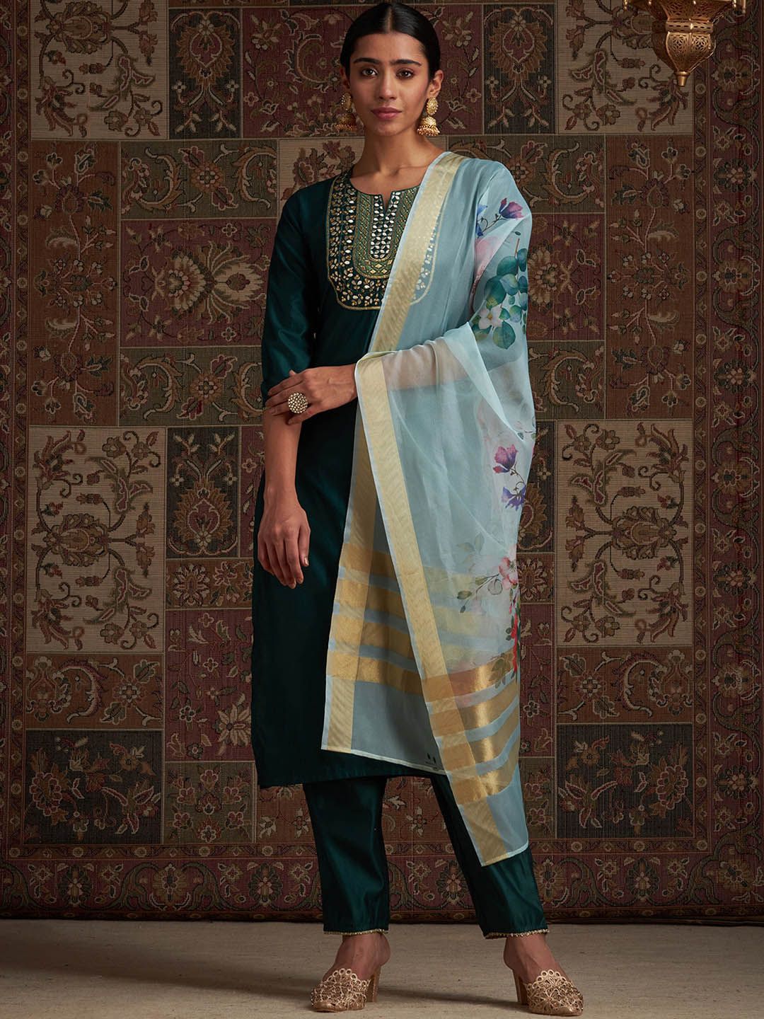 Yoke Design Sequinned Kurta & Trousers With Dupatta