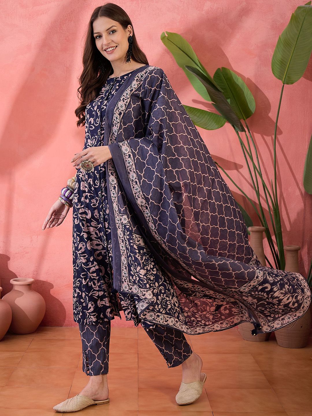 Dhiyona SN Women's Floral Printed Pure Cotton Anarkali Kurta With Trouser And Dupatta