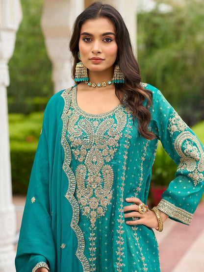 Indyancart IE Women Ethnic Motifs Embroidered Regular Thread Work Kurta with Sharara & With Dupatta
