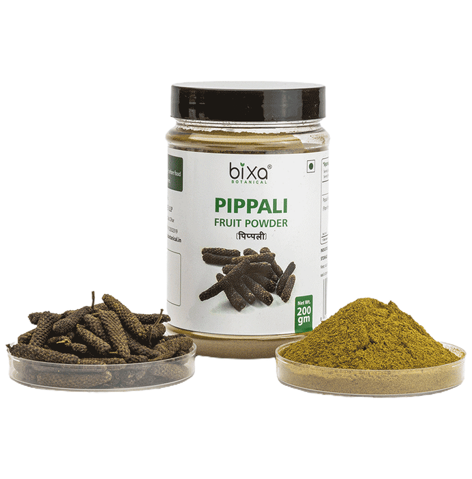 Bixa Botanical Pippali Powder, Ayurvedic herbal powder in a clear glass jar with a white lid, showing the vibrant orange powder inside.