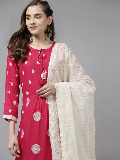 Indyancart IE Women Pink Paisley Embroidered Pleated Kurta with Trousers & Dupatta