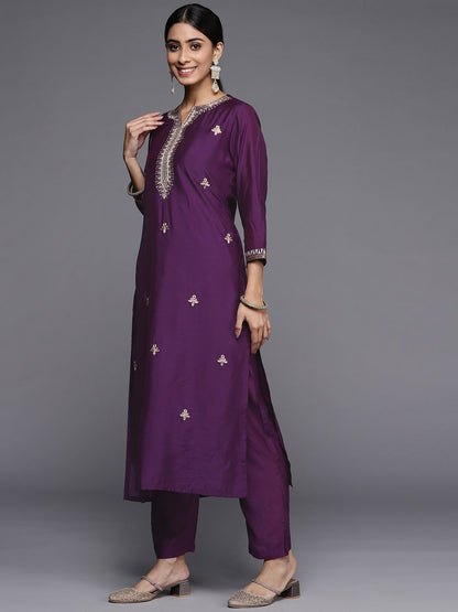 Indyancart VA Women's Purple Ethnic Motifs Embroidered Kurta with Trousers & With Dupatta
