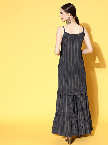 Indyancart IE Women Navy Blue Printed Pure Cotton Kurta with Sharara