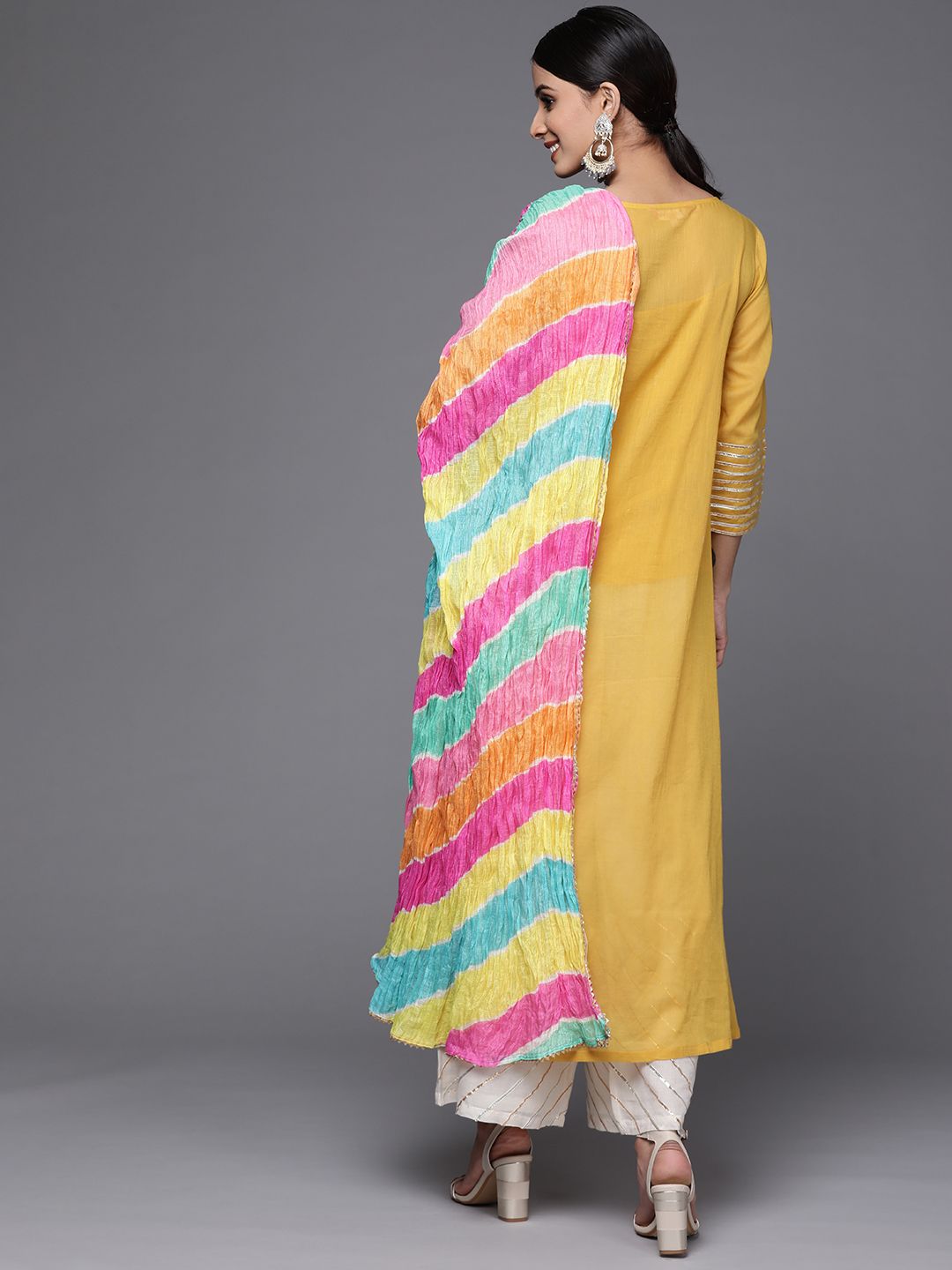 Indyancart VA Women's Mustard Yellow & Yellow Gotta Patti Cotton Kurta with Palazzos & Dupatta
