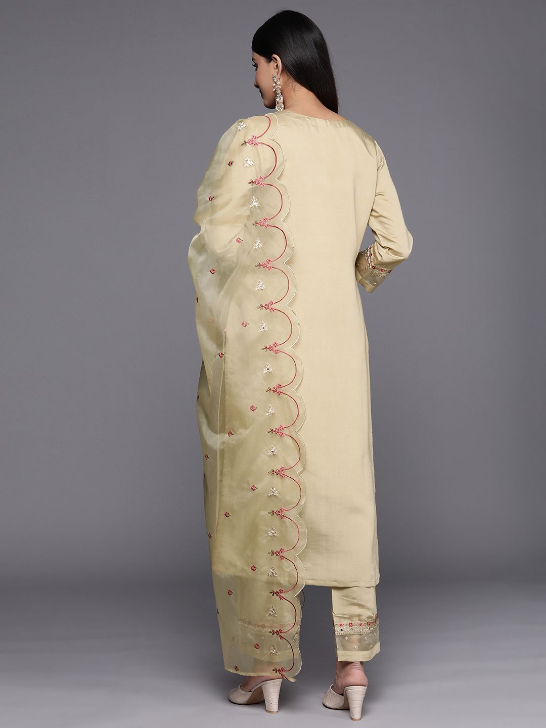 Indyancart VA Women'sFloral Embroidered Mirror Work Kurta with Trousers & Dupatta