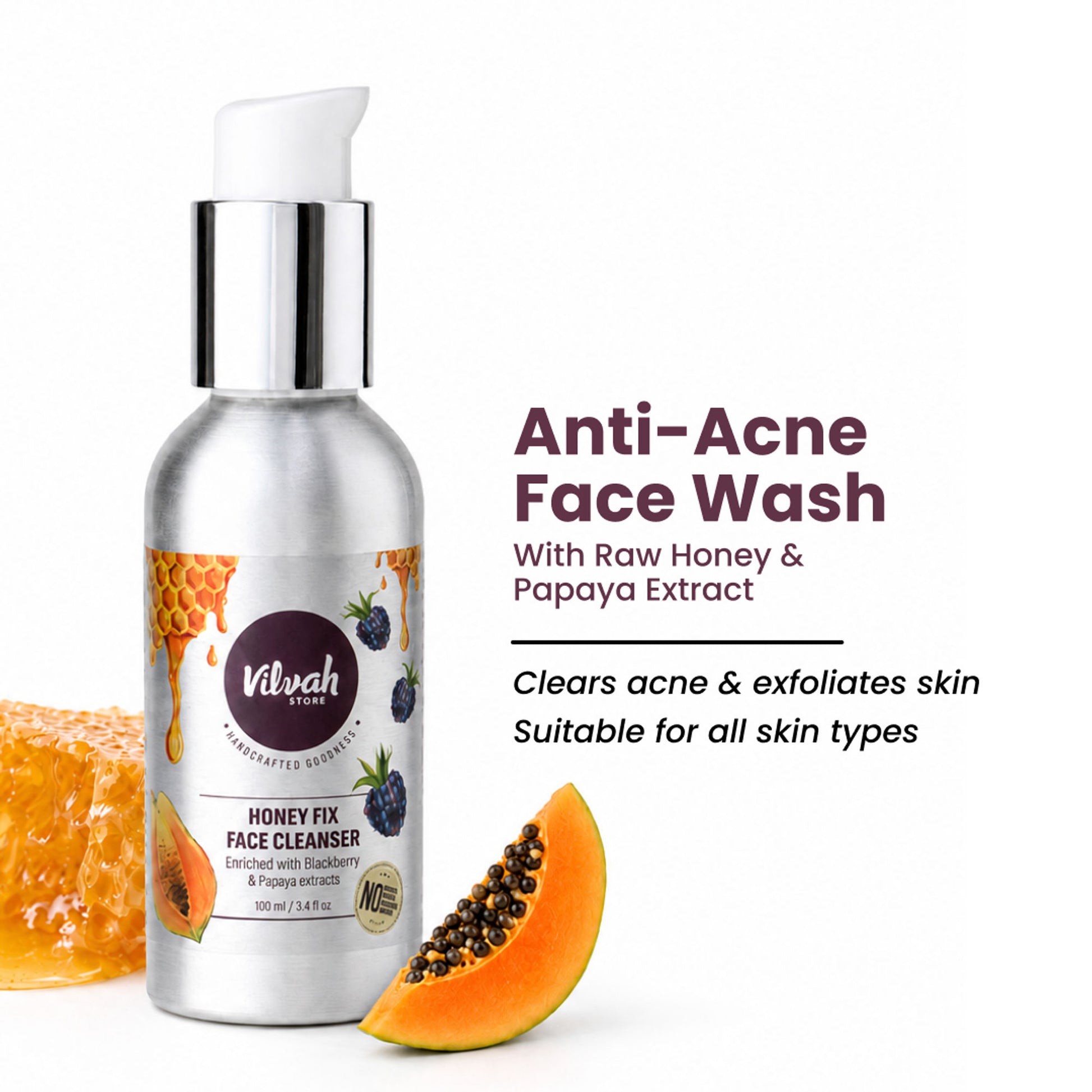 Vilvah Honey Fix Face Wash To Treat Acne, Control Oil & Balance Ph With Honey & Papaya Extract