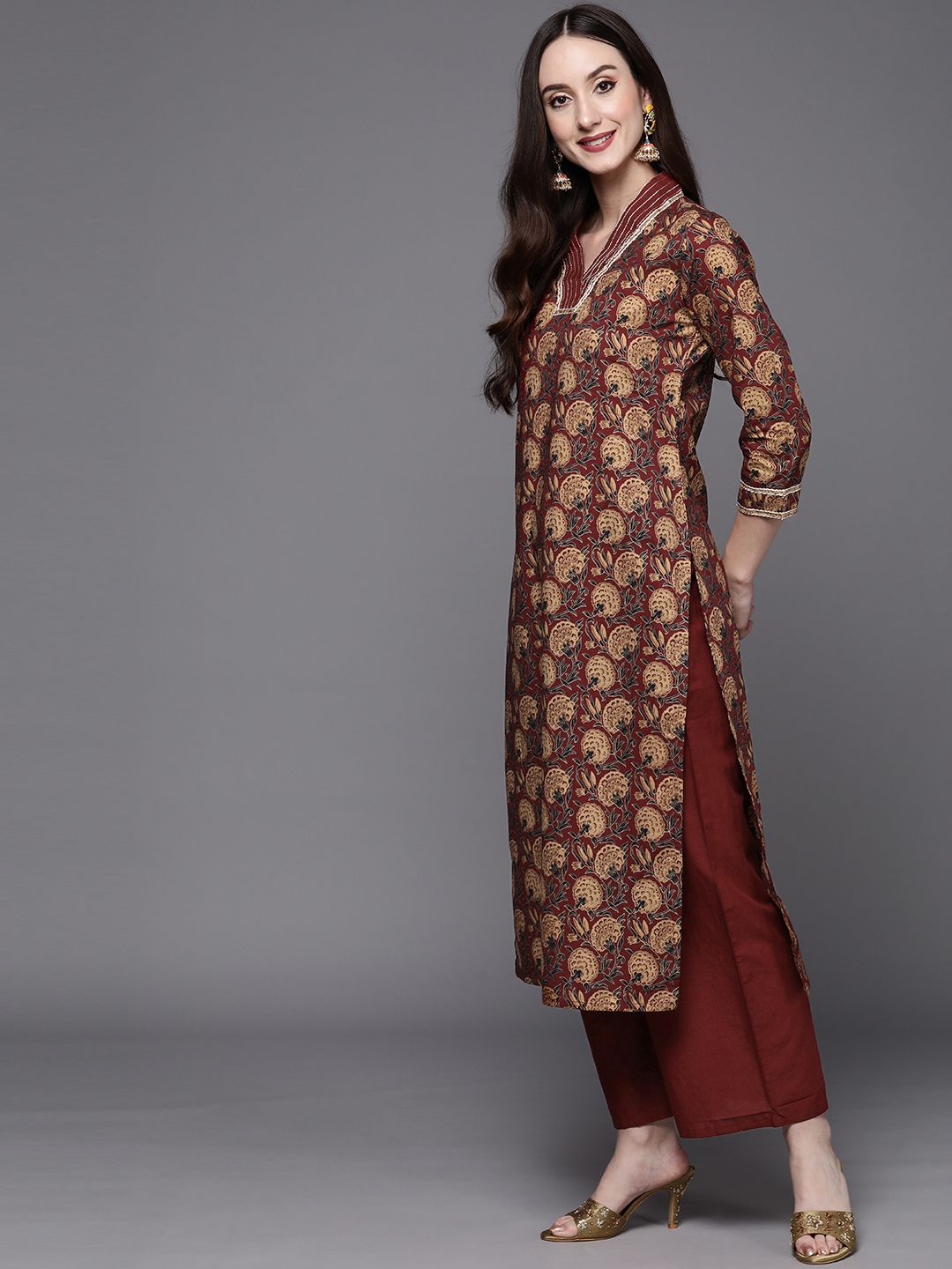 Women Maroon Floral Printed Sequinned Kurta with Palazzos & Dupatta
