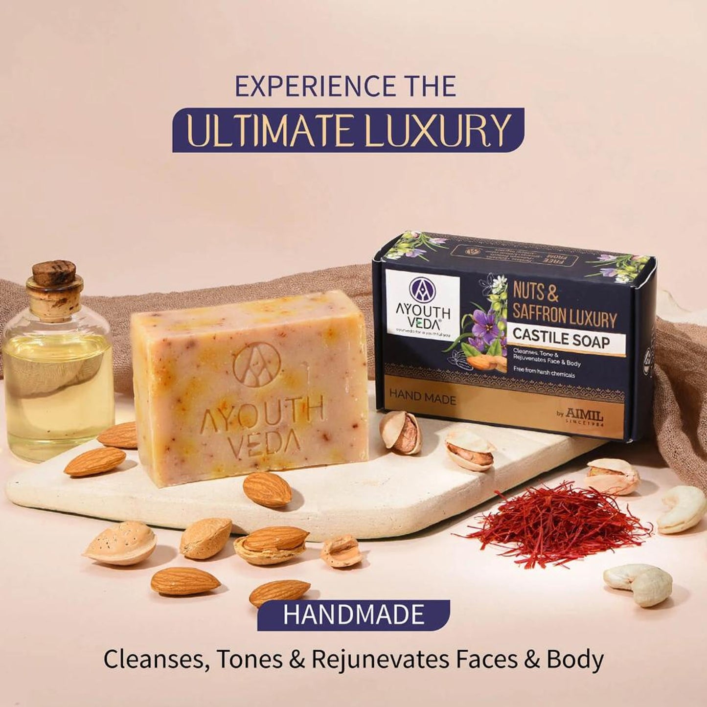 Ayouthveda Nuts & Saffron Handmade Castile Soap with Nourishing Oils for Clensed & Soft Skin