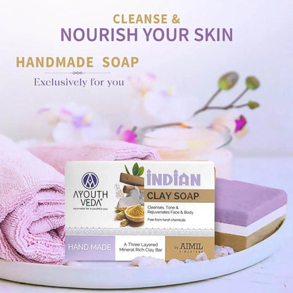 Ayouthveda Indian Clay Soap, Triple-Layer Mineral-Rich Handmade Bar with Multani Mitti for Oily Skin