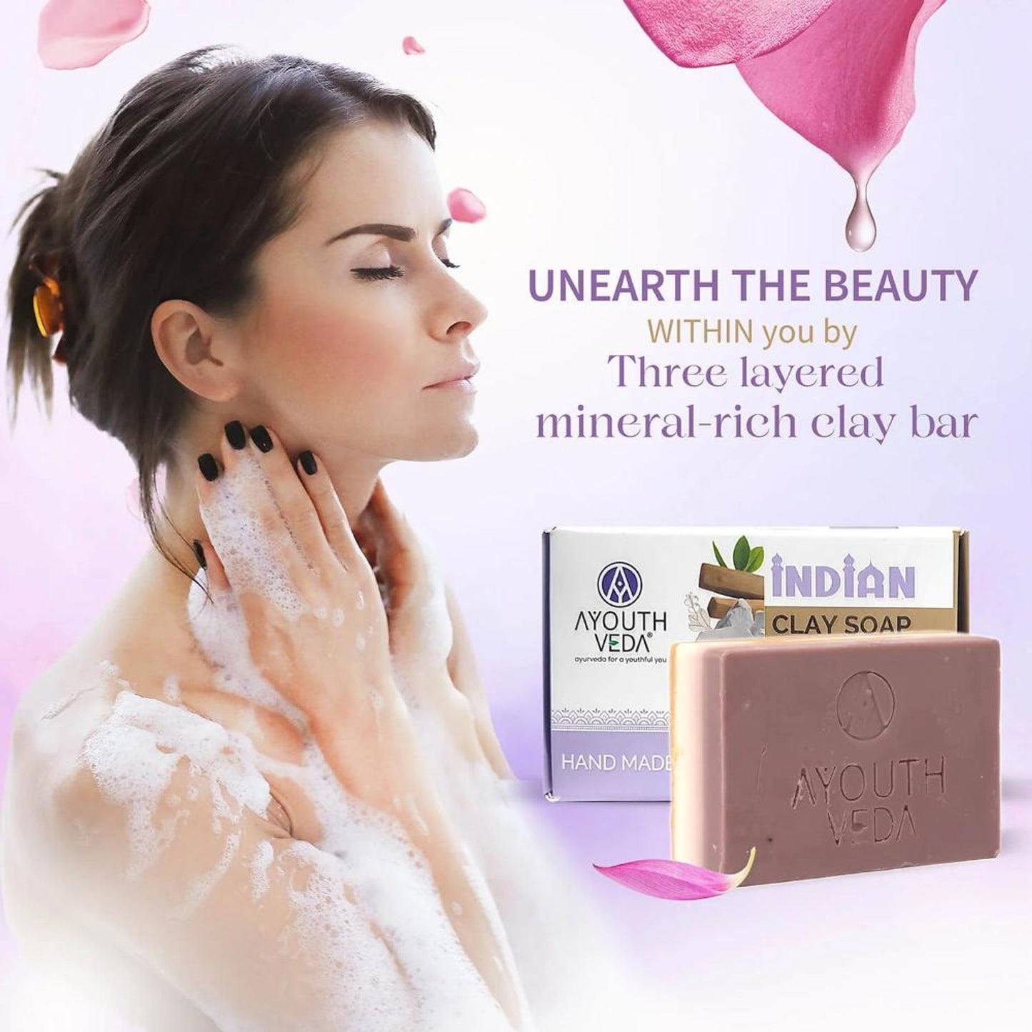 Ayouthveda Indian Clay Soap, Triple-Layer Mineral-Rich Handmade Bar with Multani Mitti for Oily Skin