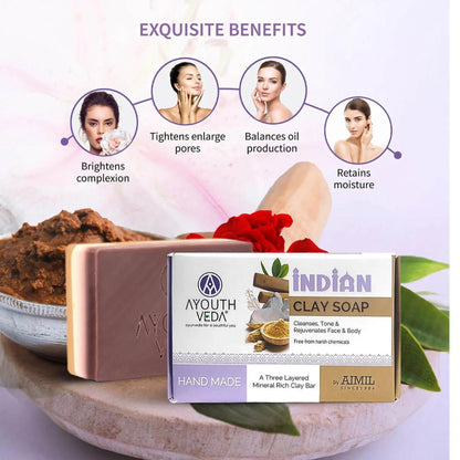 Ayouthveda Indian Clay Soap, Triple-Layer Mineral-Rich Handmade Bar with Multani Mitti for Oily Skin