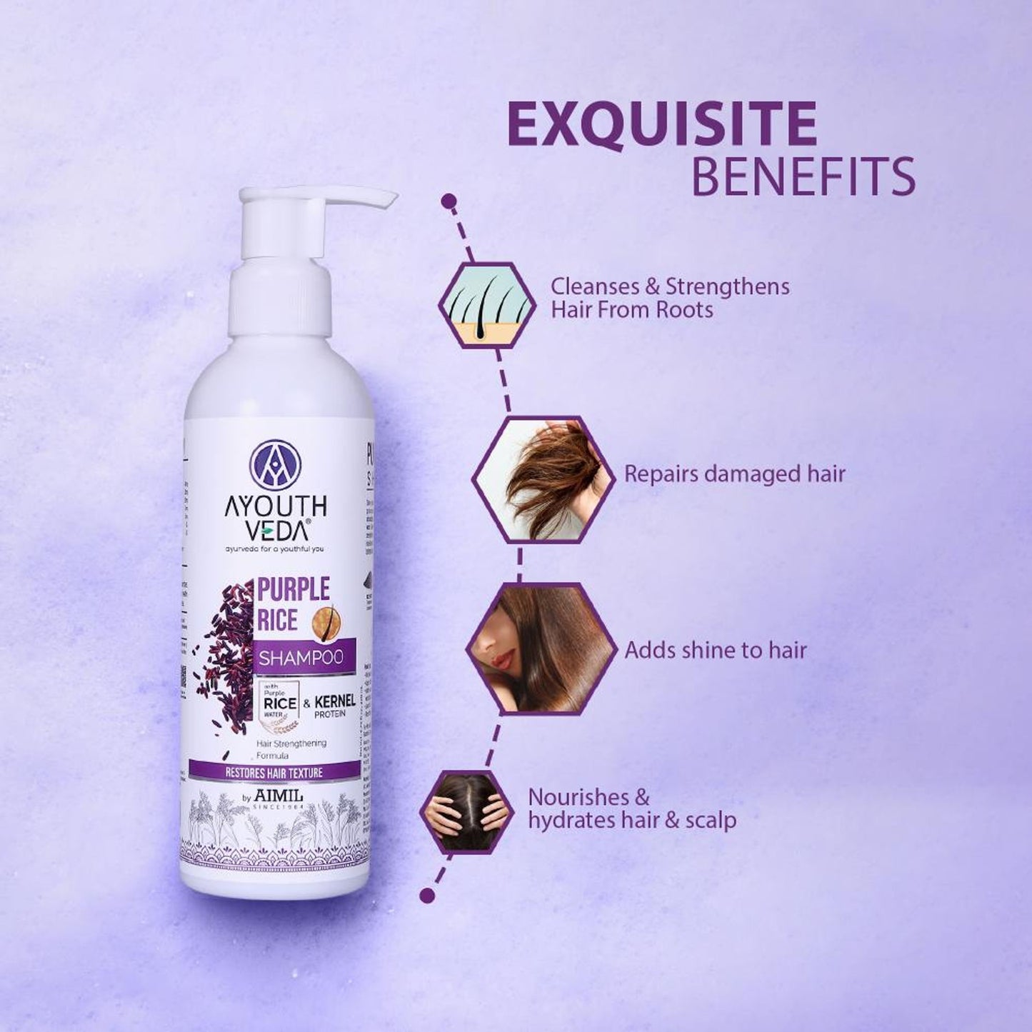 Ayouthveda Purple Rice Shampoo with Rice Water & Protein to Strengthen & Smooth Hair