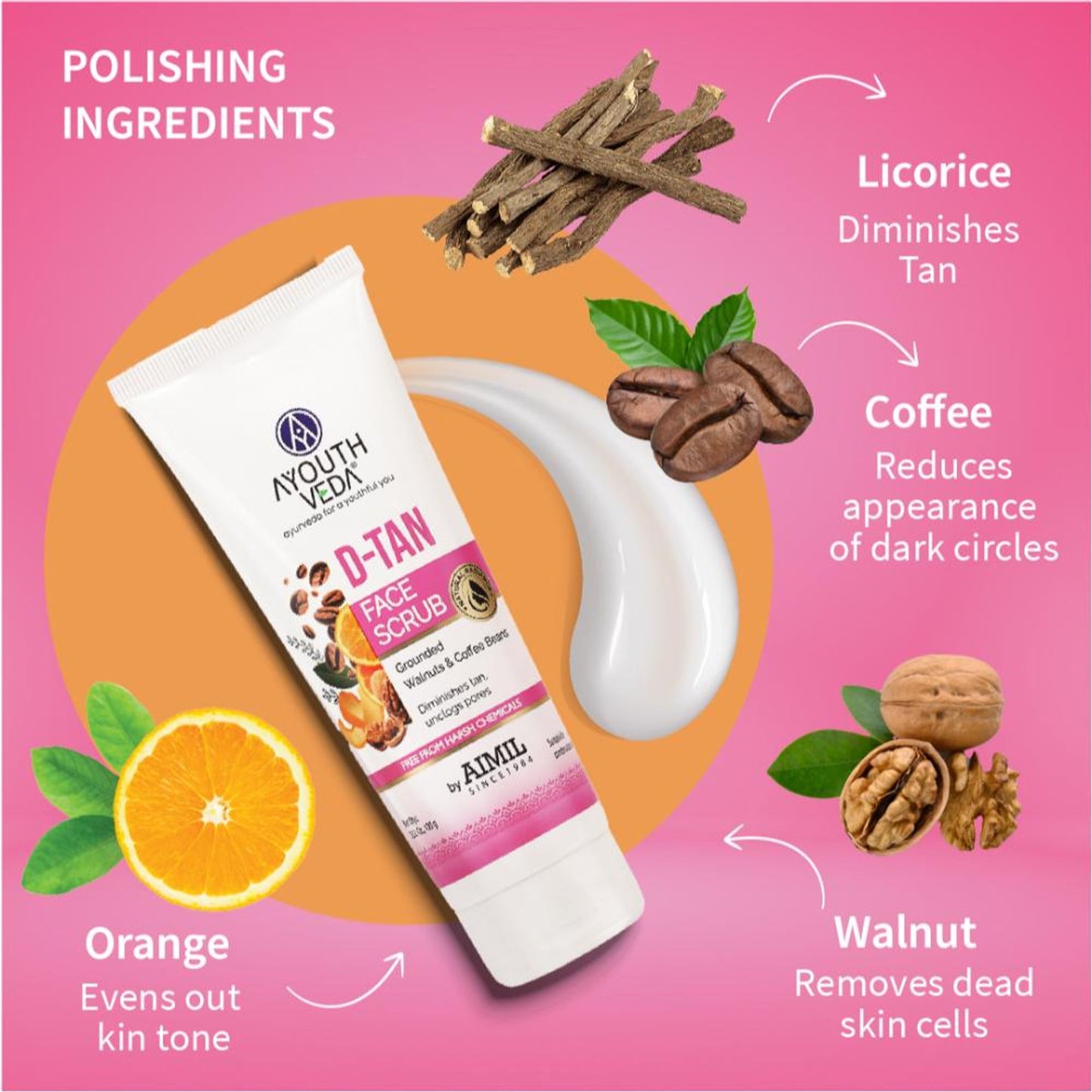 D-Tan Face Scrub with Walnuts, Coffee & Orange for Gentle Exfoliation, Brighten & Even Tone Skin