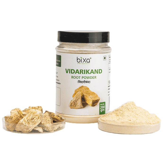 Bixa Botanical Vidarikand Powder, Ayurvedic herbal powder in a clear jar, showing the fine, light brown powder inside.