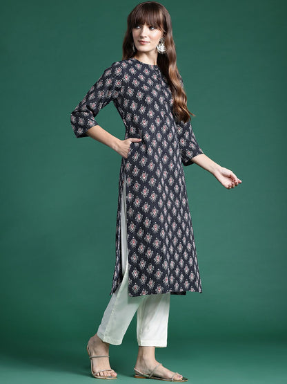 Indyancart IE Ethnic Motifs Printed Kantha Work Pure Cotton Kurta