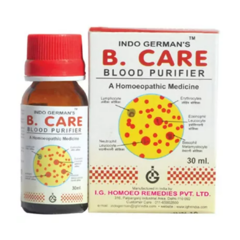 Indo German's Homeopathy B Care Drops in a glass dropper bottle, designed for natural health support.