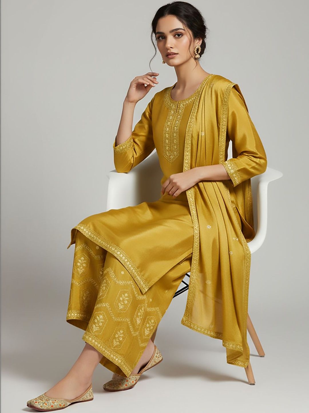 Indyancart VA Women Ethnic Motifs Embroidered Regular Thread Work Silk Crepe Kurta with Palazzos & With Dupatta