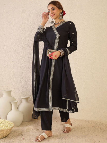 Indyancart IE Ethnic Motifs Embroidered Angrakha Kurta With Trousers & Dupatta