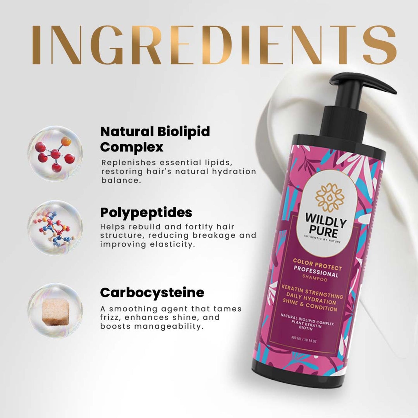 Wildly Pure Keratin Shampoo for Color Protection with Natural Biolipid Complex & Polypeptides