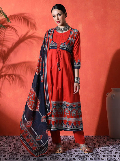 Indyancart SN Women's Floral Embroidered 100% Cotton Round Neck Kurta & Trousers With Dupatta