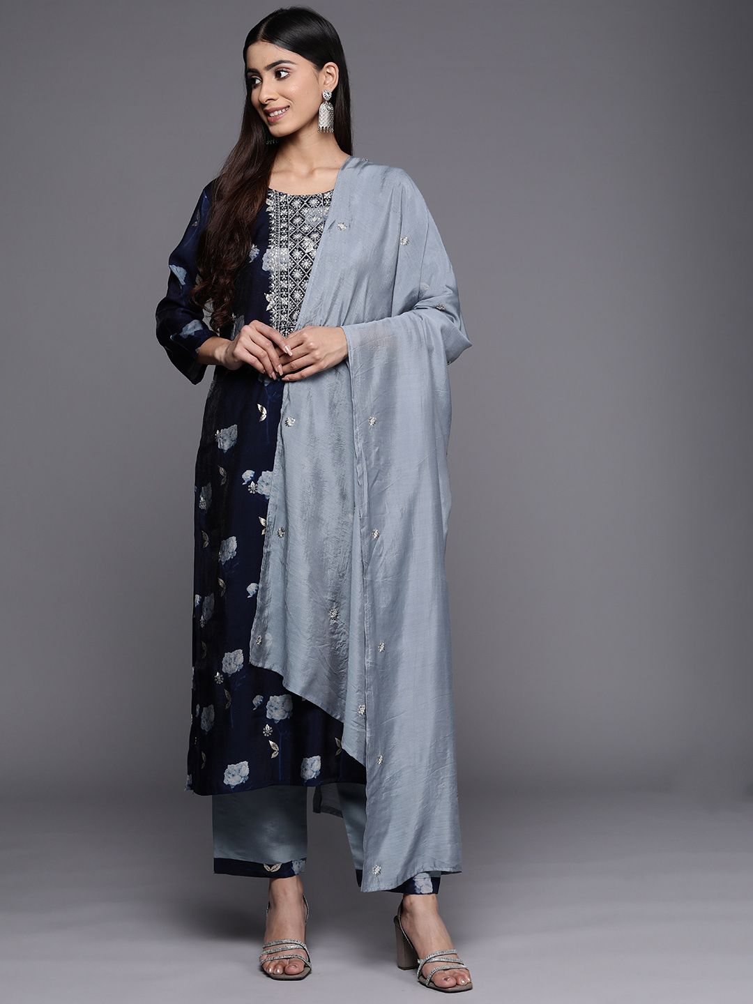Indyancart VA Women'sFloral Yoke Design Sequinned Chanderi Silk Kurta with Trousers & With Dupatta