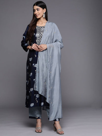 Indyancart VA Women'sFloral Yoke Design Sequinned Chanderi Silk Kurta with Trousers & With Dupatta