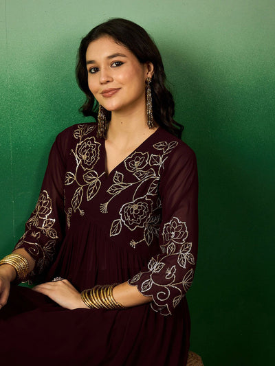 Indyancart SN Women's Brown Floral Embroidered V-Neck A-Line Kurta With Palazzo Set